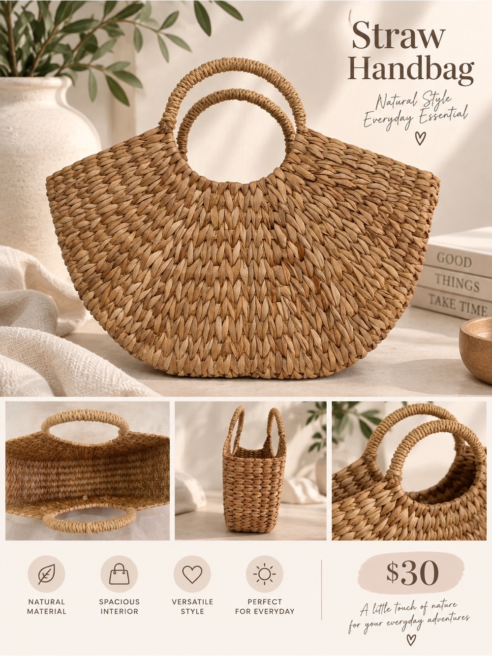 Woven Straw Tote Bag - Tan